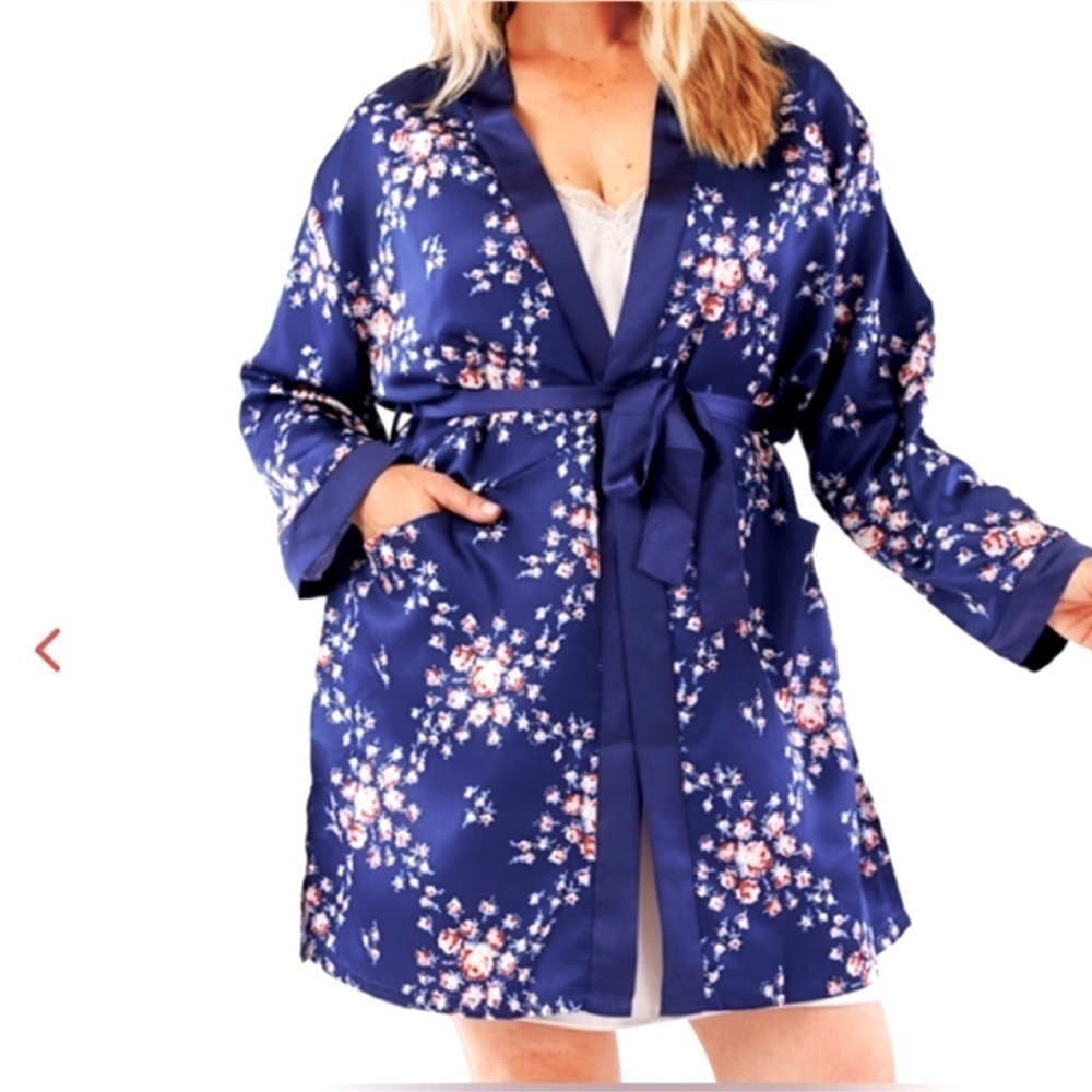 MORGAN LANE SATIN KIMONO ROBE NAVY FLORAL SIZE S/M
